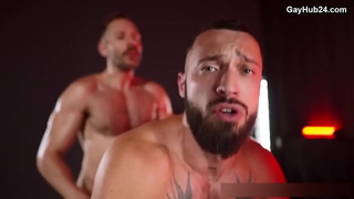 Bearded bitch sucking cock and gets fucked in ass. Facial cumshot