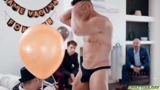 Straight groom-to-be gets a little surprise by his groomsmen! Michael Boston is fucked by male stripper Lucca Mazzi during his bachelor party!